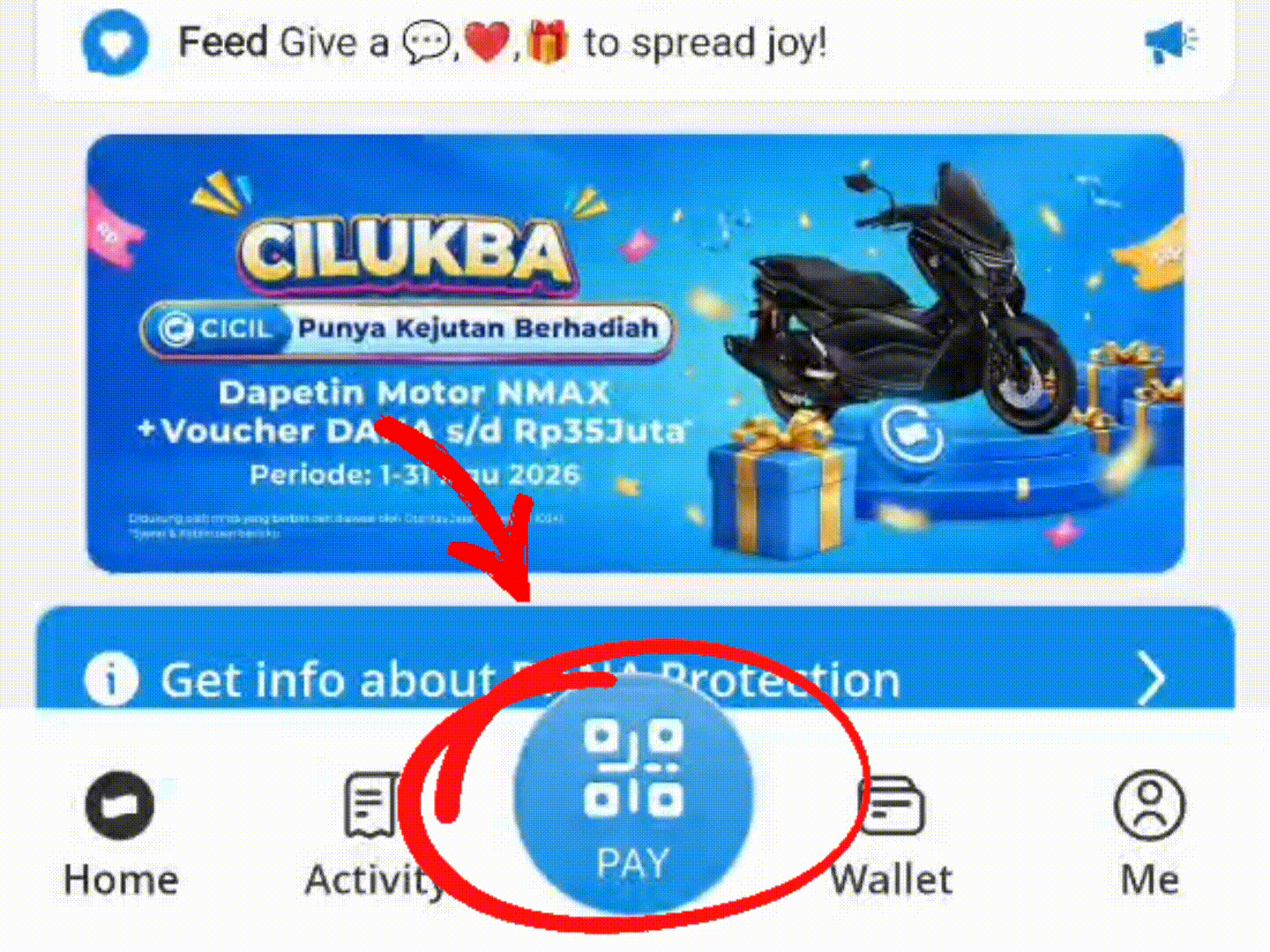 Tombol PAY / scan di aplikasi DANA bagian bawah