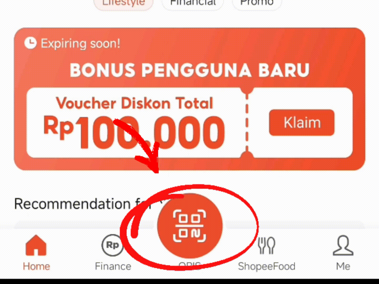 Tombol scan di aplikasi ShopeePay